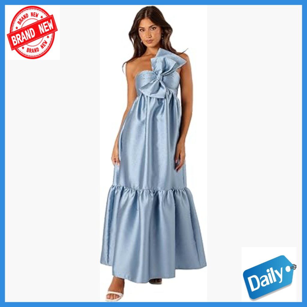 One Shoulder Maxi Dress With Bow And Pockets, Polyester, Special Occasion